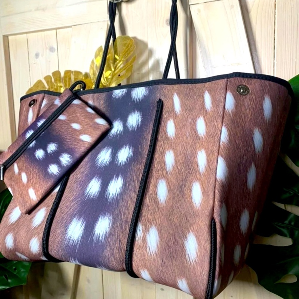 new Neoprene TOTE - Auburn Fawn brown deer white specks waterproof wipeable bag